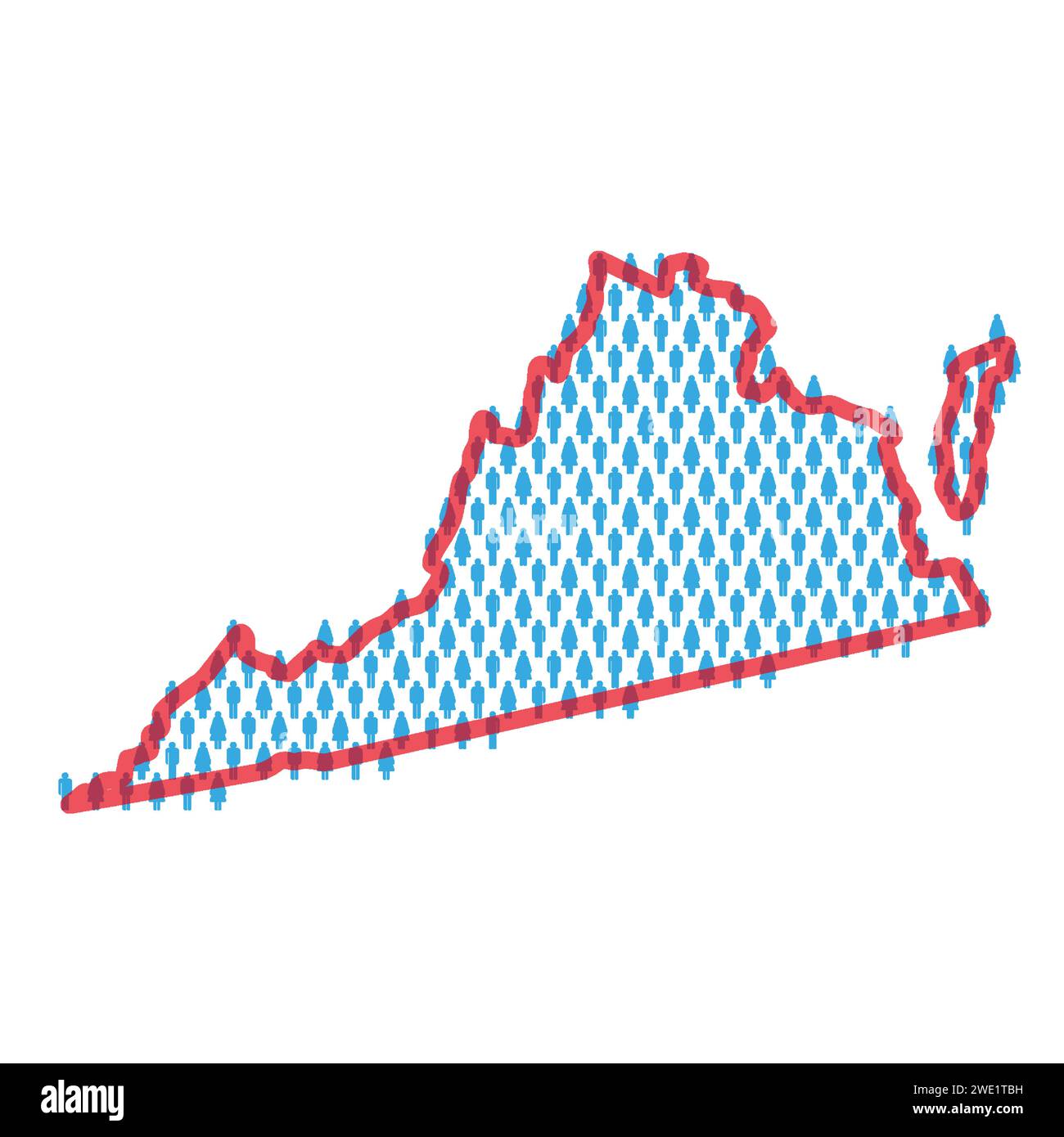 Virginia population map. Stick figures people map with bold red translucent state border. Pattern of men and women icons. Isolated vector illustration Stock Vector