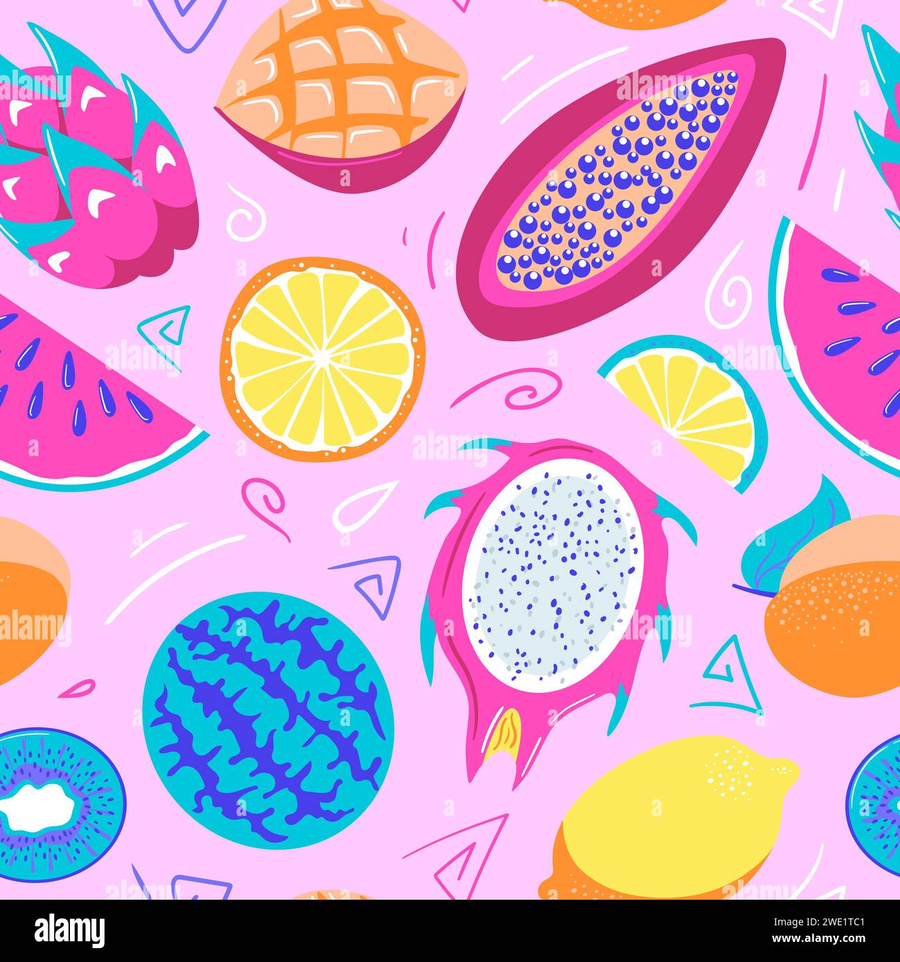 Tropical exotic fruits. Seamless pattern in cartoon style. Fresh lemon, lime wedges, watermelon, pitahaya dragon, star fruit, papaya, mango and kiwi. Stock Vector