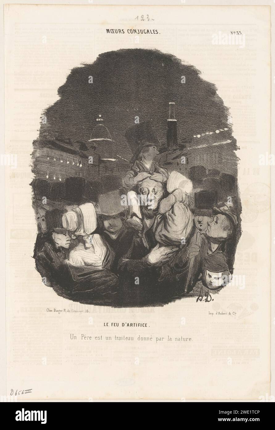 Father lets children watch fireworks on shoulders, Honoré Daumier, 1841   Paris paper letterpress printing caricatures (human types). father with son(s) and daughter(s) (father-love). father and child(ren), man and child(ren) (family group) Stock Photo