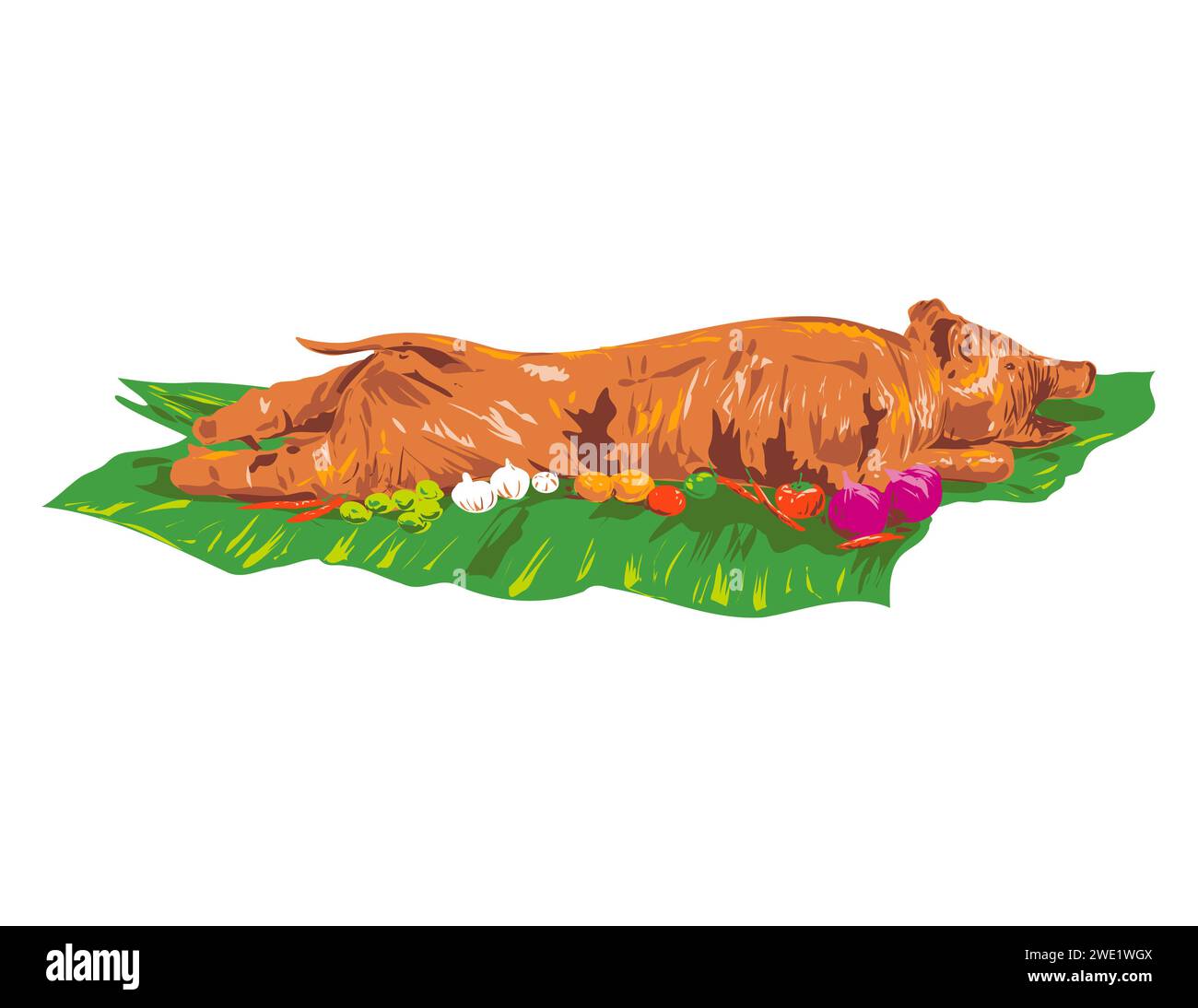 Art Deco or WPA poster art of a lechon, litson  or roasted suckling pig on isolated background done in works project administration style. Stock Photo