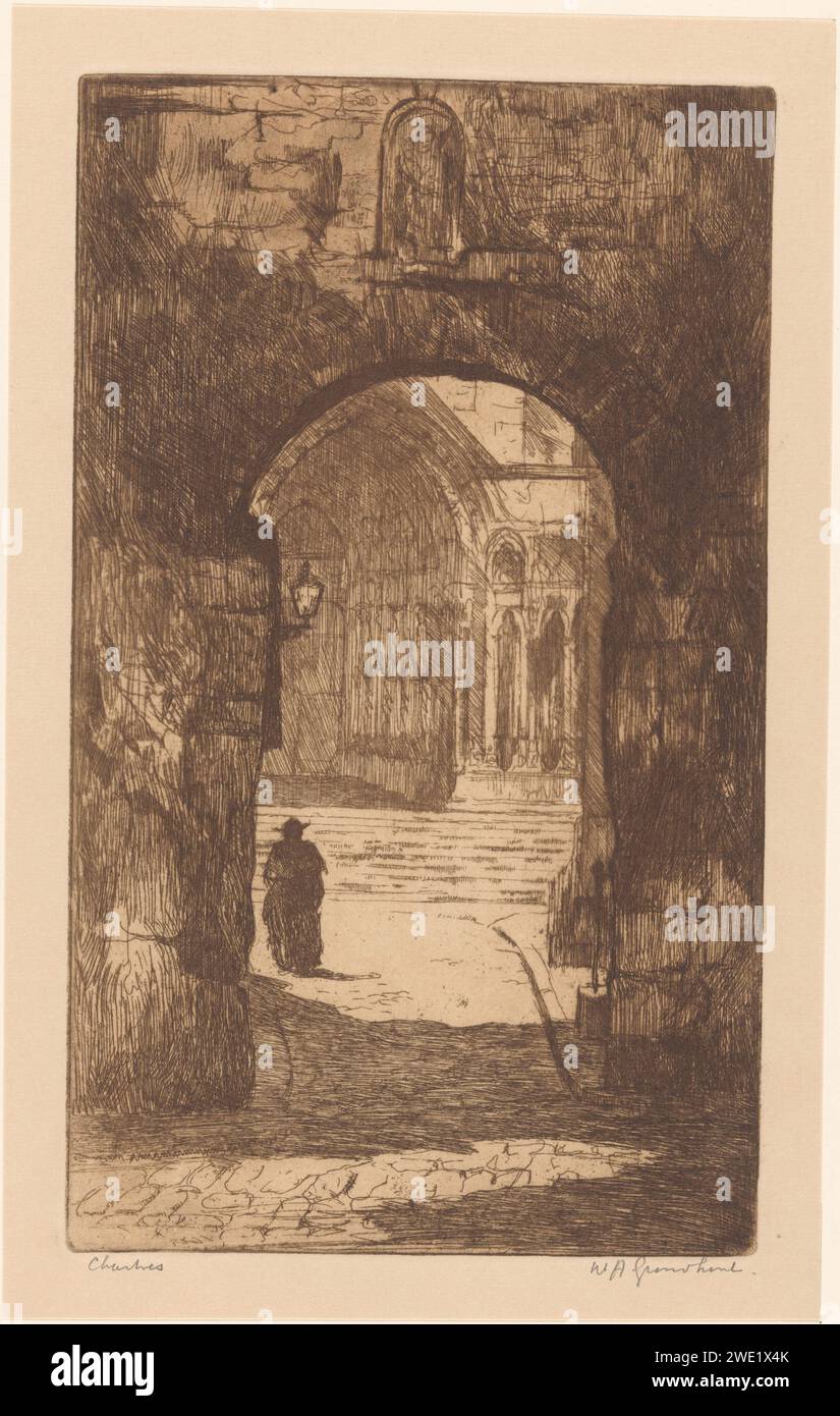 Chartres, Willem Adrianus Grondhout, 1888 - 1931 print A gate with a statue of Maria with child in a niche in Chartres. Through the gate on a portal of the cathedral of Chartres.  paper etching city-gate. parts of church exterior and annexes: portal Chartres Stock Photo