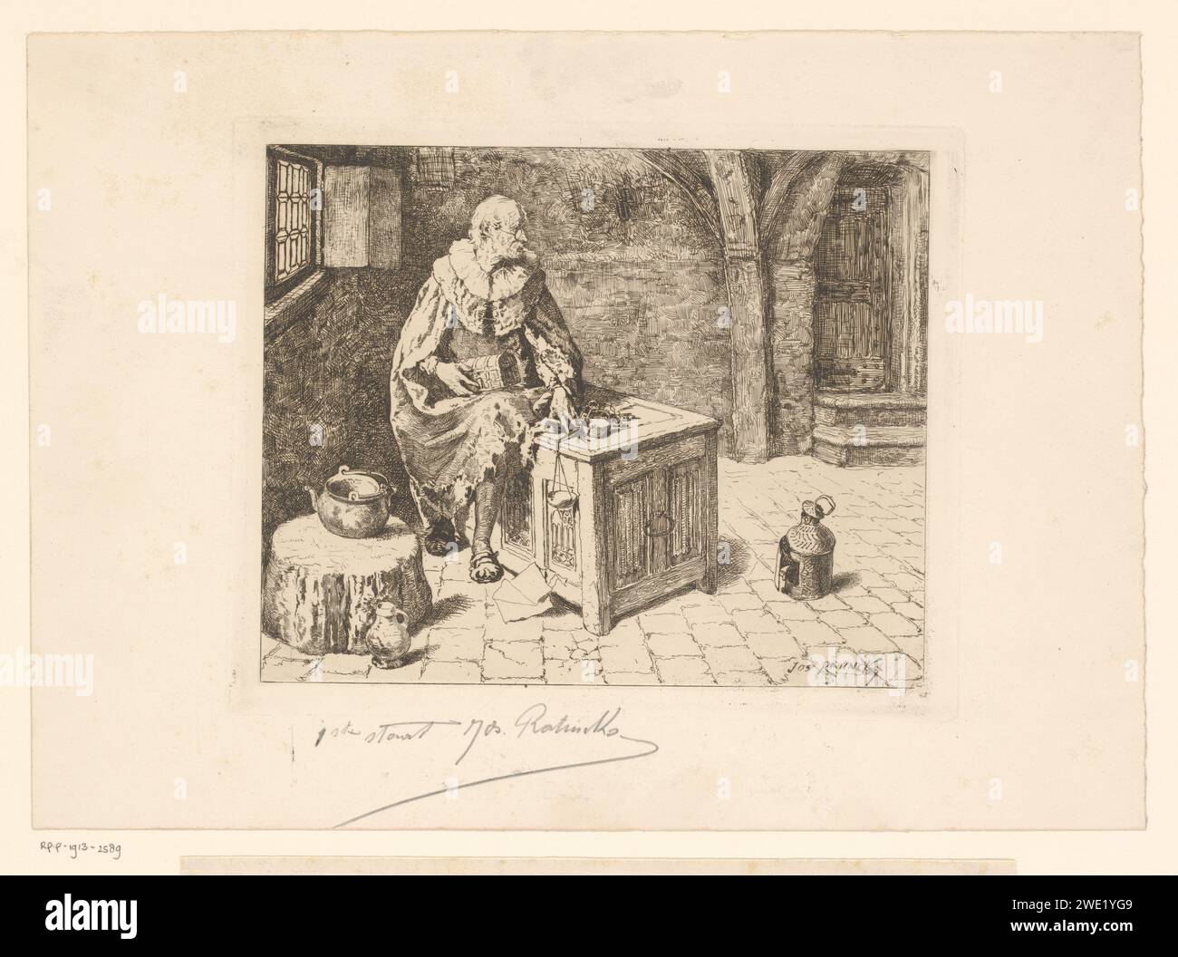 Old man sat on a box with scales and coffin, Jos Ratinckx, 1870 - 1913 ...