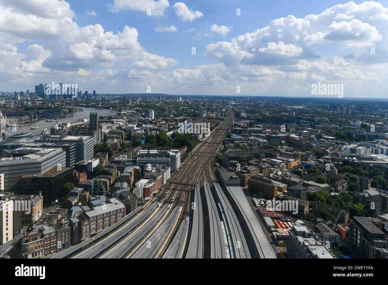 Aerial view of train tracks entering Waterloo Station in London, UK. Stock Photo