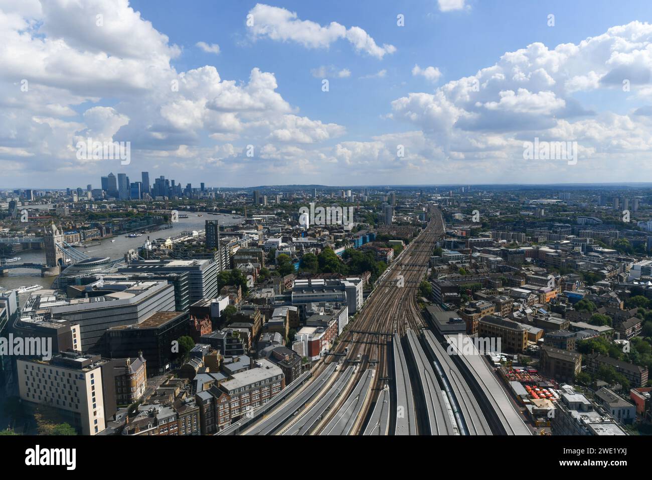 Aerial view of train tracks entering Waterloo Station in London, UK. Stock Photo
