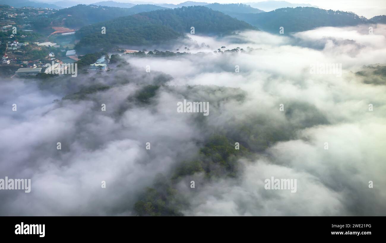Aerial view of the Xuan Tho suburbs near Da Lat city at morning with ...