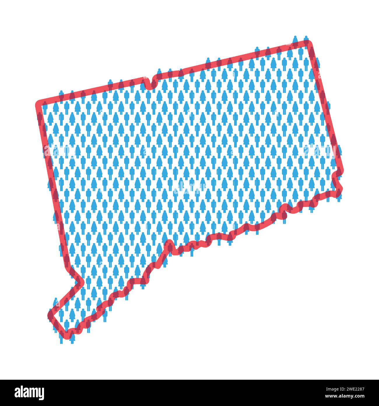 Connecticut population map. Stick figures people map with bold red translucent state border. Pattern of men and women icons. Isolated vector illustrat Stock Vector