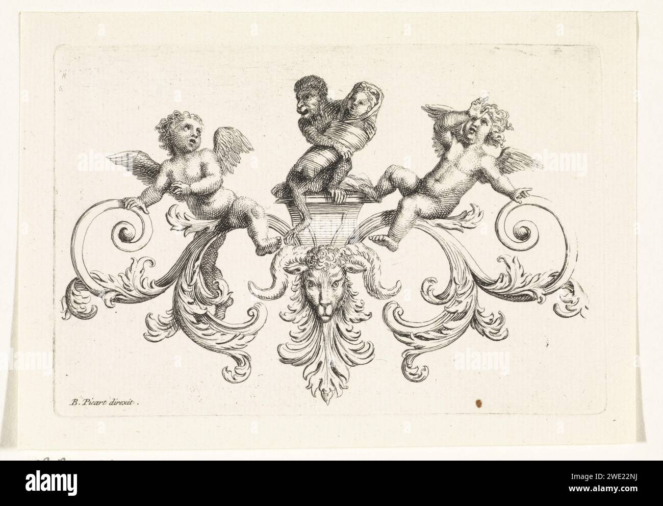 AAP with a baked child flanked by Putti, Bernard Picart (workshop of), 1683 - 1733 print A monkey with a baked child sitting above leaf ornaments. The two putti are shocked. Amsterdam paper etching / engraving foliage, tendrils, branches  ornament. ornament  festoon, garland. cupids: 'amores', 'amoretti', 'putti'. monkeys, apes Stock Photo