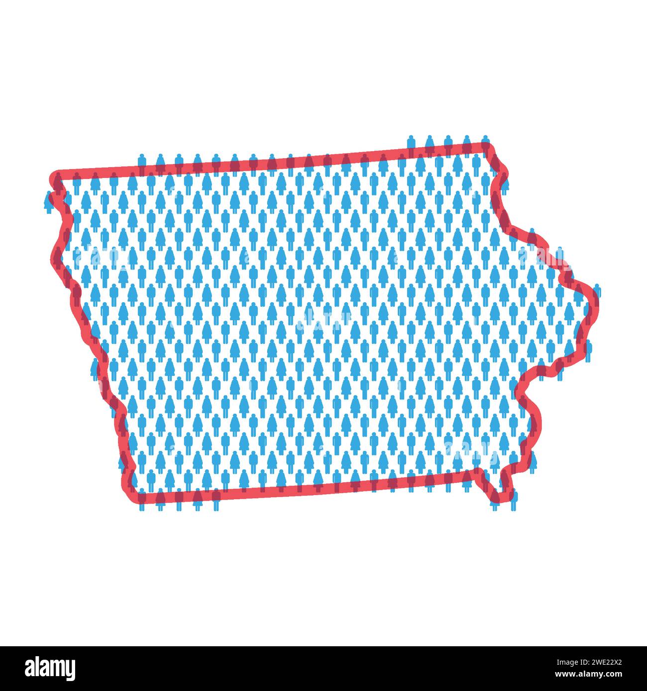 Iowa population map. Stick figures people map with bold red translucent state border. Pattern of men and women icons. Isolated vector illustration. Ed Stock Vector