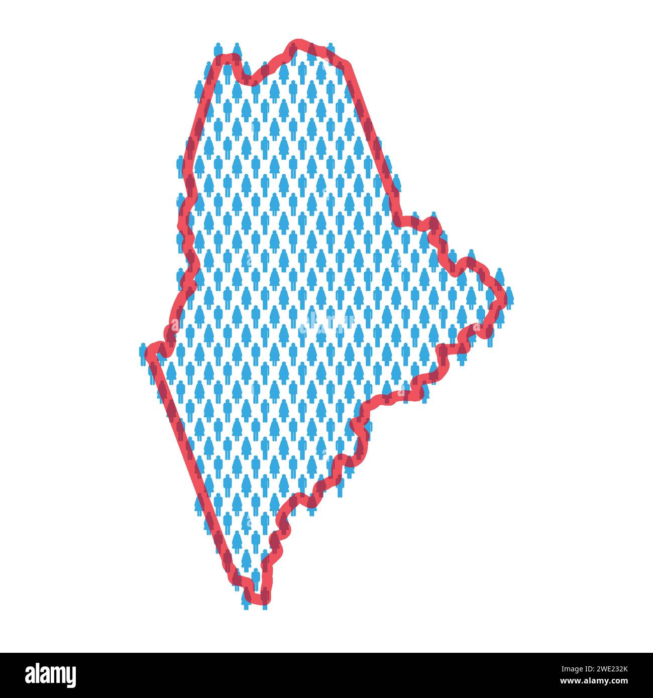 Maine population map. Stick figures people map with bold red translucent state border. Pattern of men and women icons. Isolated vector illustration. E Stock Vector