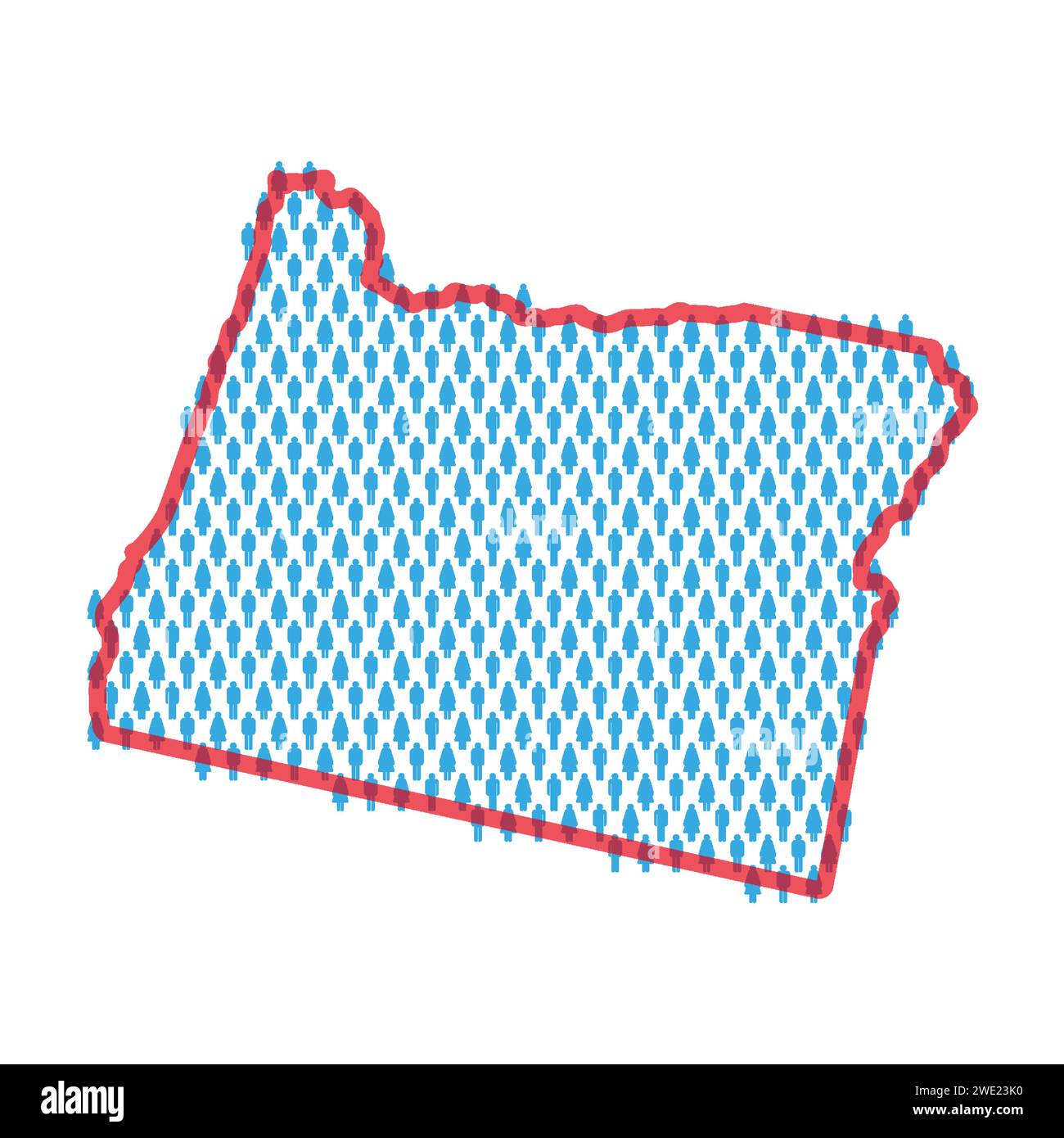 Oregon population map. Stick figures people map with bold red translucent state border. Pattern of men and women icons. Isolated vector illustration. Stock Vector