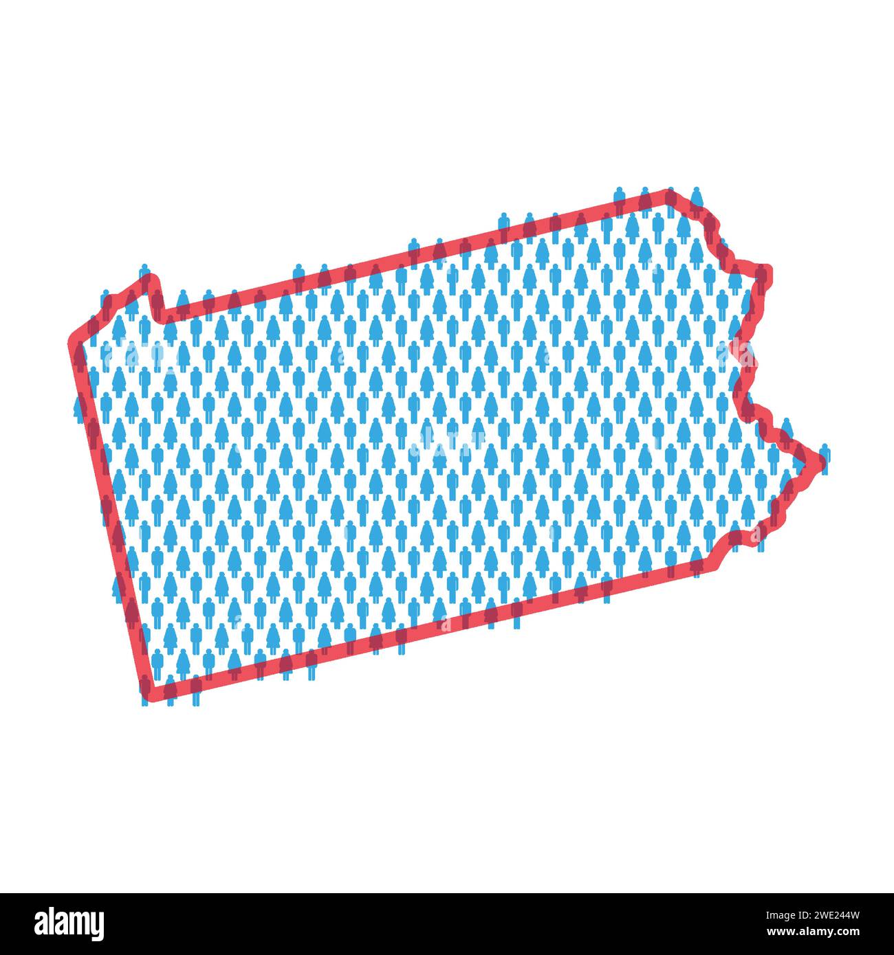Pennsylvania population map. Stick figures people map with bold red translucent state border. Pattern of men and women icons. Isolated vector illustra Stock Vector