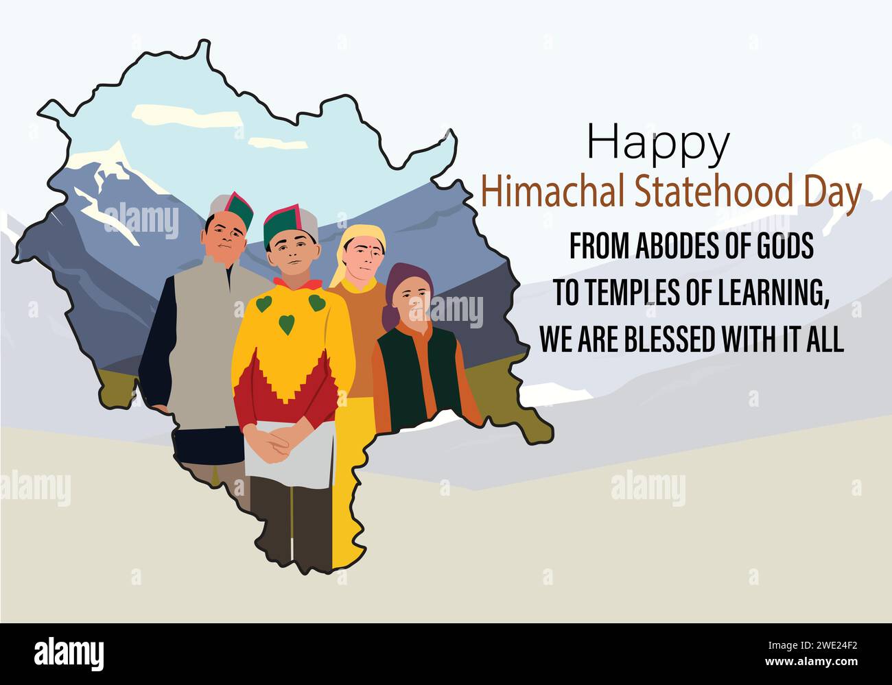 Vector illustration poster of Himachal Statehood day, people wearing traditional dress with Himachal map background. himachal statehood day, 25 januar Stock Vector