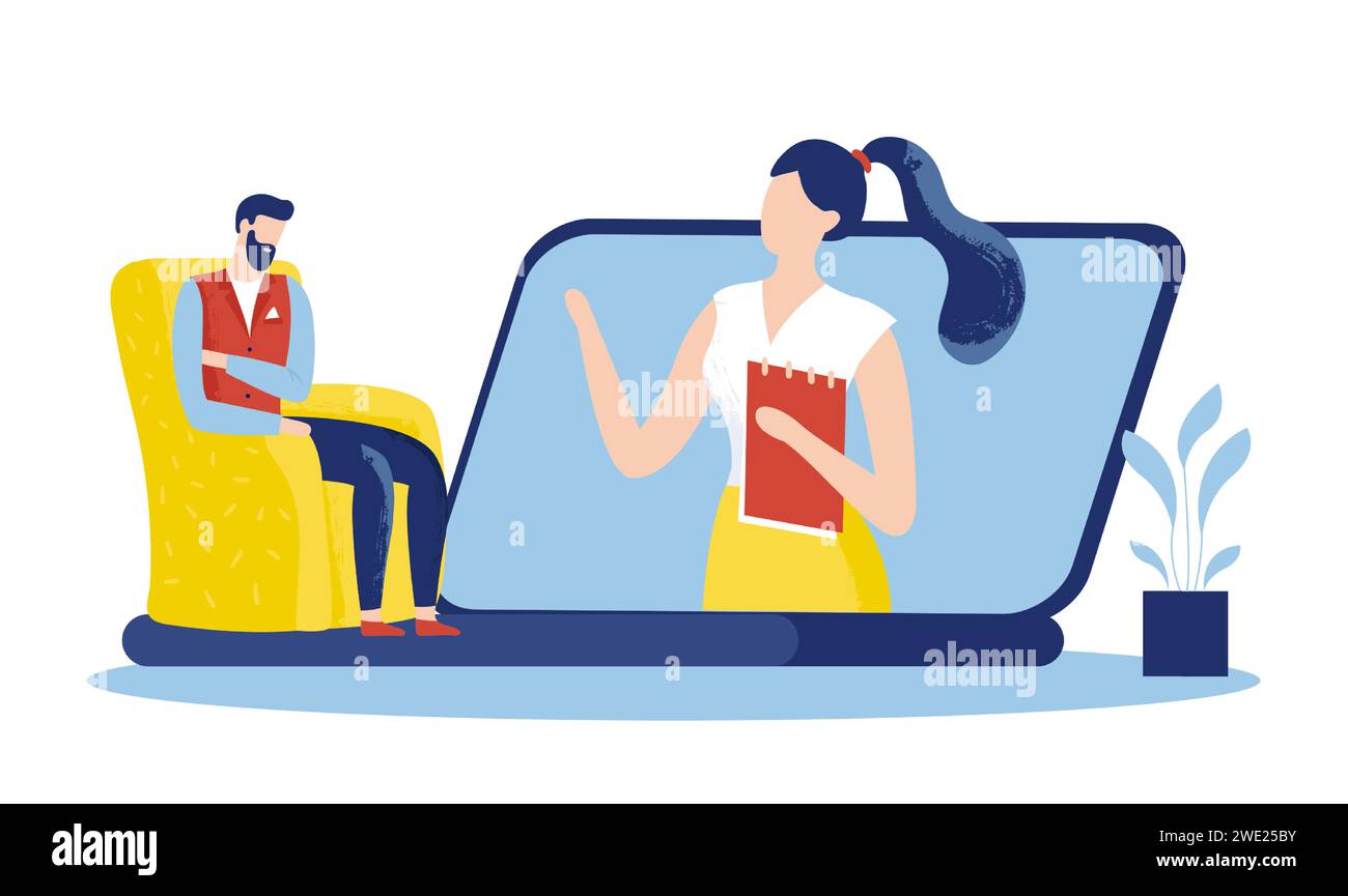 Online psychology help. Man having online psychotherapy session. Female therapist talking to patient Stock Vector