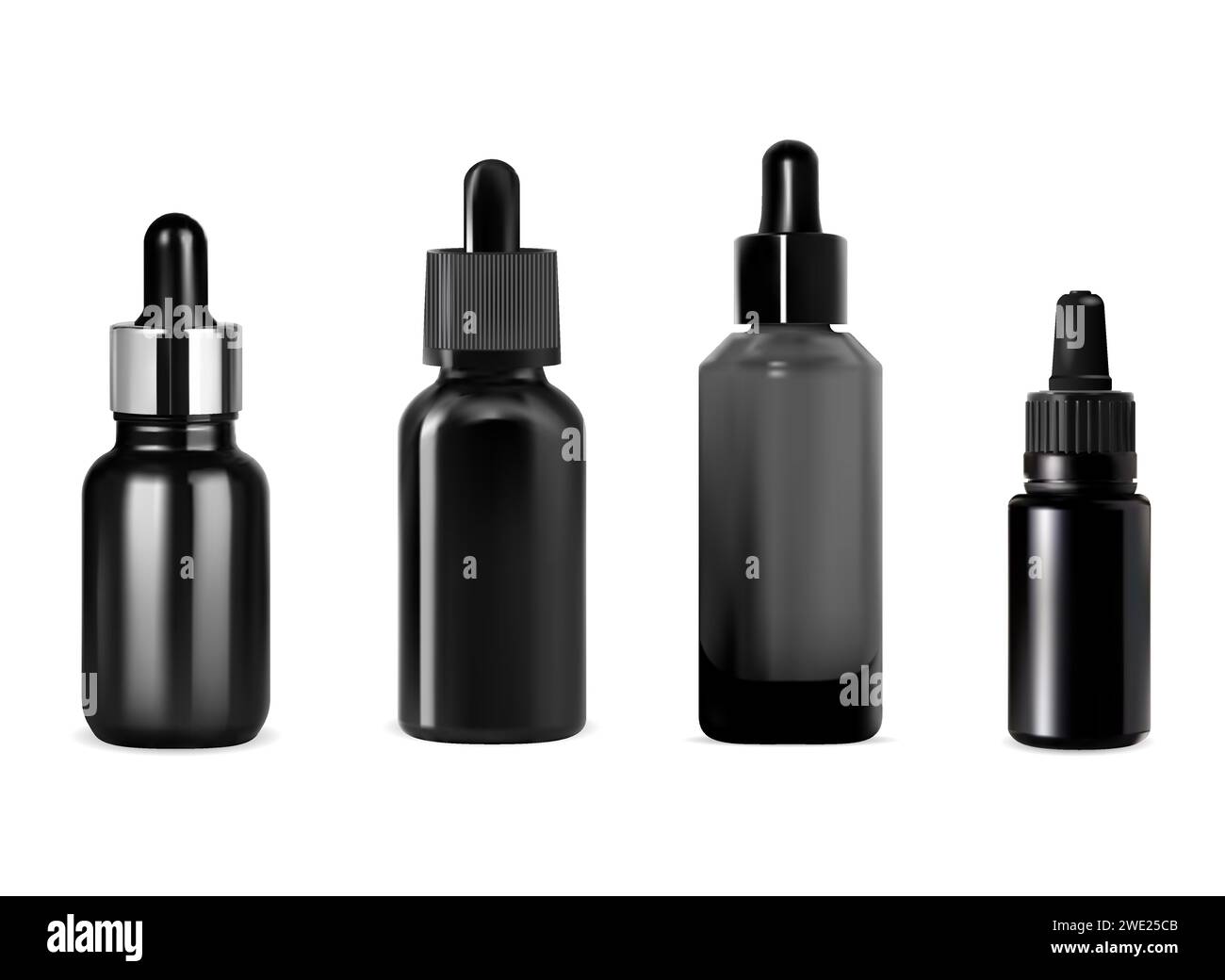 Black serum bottle. Pipette dropper bottle mockup. Aroma oil pipet jar isolated on white background. Cosmetic collagen flask vector design. Serum esse Stock Vector