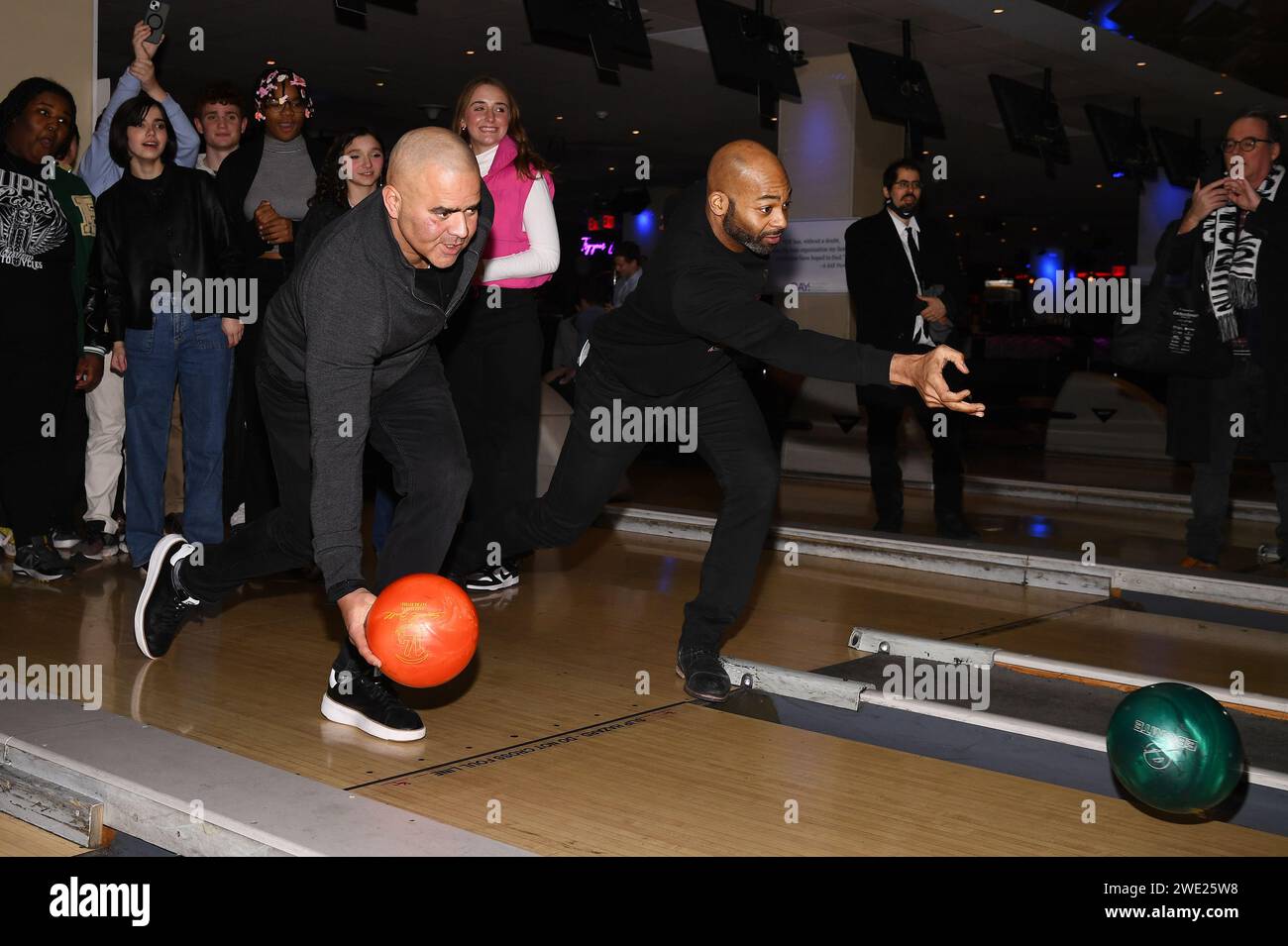 New York, USA. 22nd Jan, 2024. (LR) Christopher Jackson and Brandon Victor Dixon bowl as they