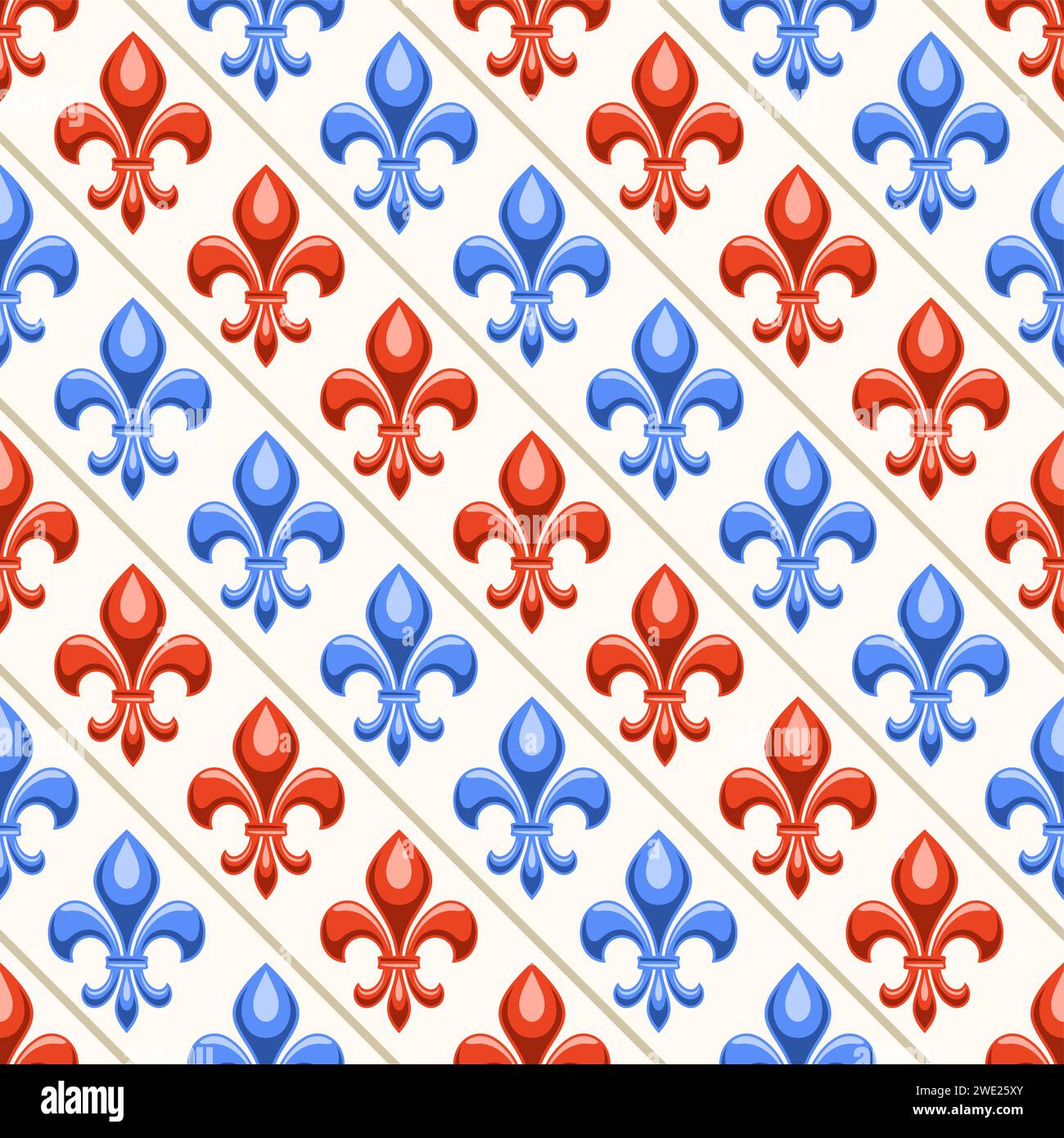 Vector Fleur de Lis Seamless Pattern, repeat background with illustrations of pattern with blue and red fleur de lis flourish for wrapping paper, squa Stock Vector