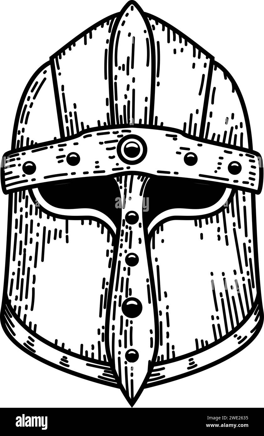 Illustration of knight's helmet in engraving style. Design element for emblems, sign, banner. Vector illustration Stock Vector