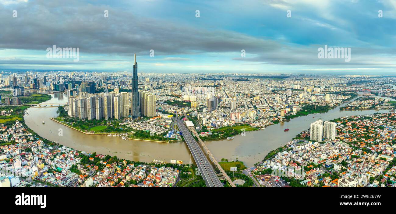 Aerial view of Ho Chi Minh futuristic skyscraper urban city skyline on ...