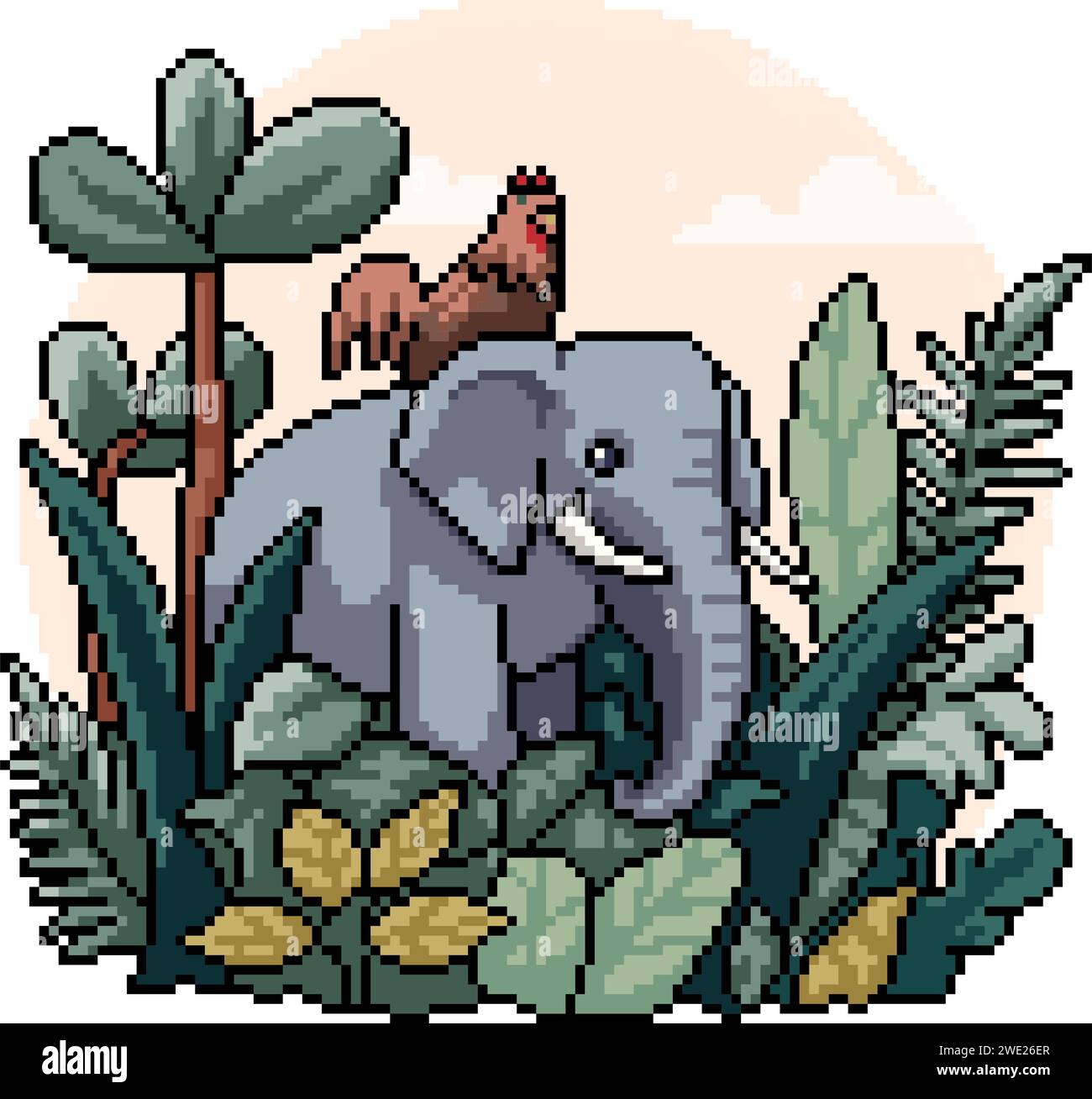 pixel art of elephant rooster friend Stock Vector