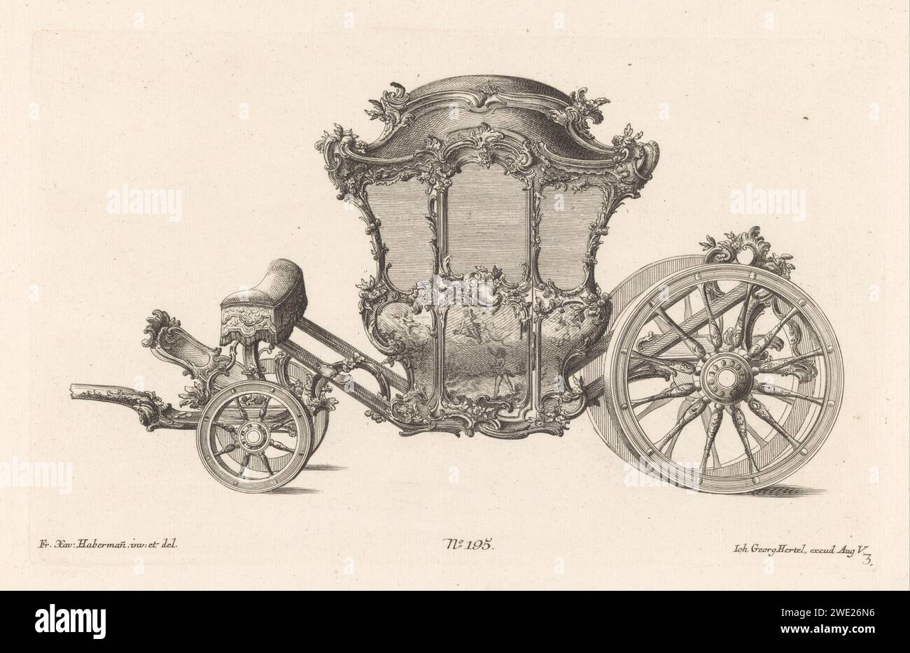 Dense Koets, Anonymous, after Franz Xaver Habermann, 1731 - 1775 print Dense carriage with rocaille ornaments, flower motifs and paintings with putti. Publishing number 195. Augsburg paper etching / engraving four-wheeled, animal-drawn vehicle, e.g.: cab, carriage, coach Stock Photo