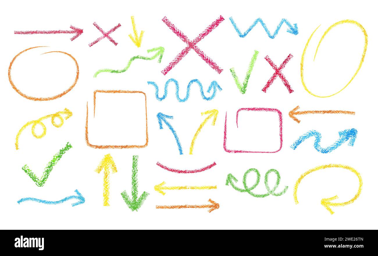 Hand drawn doodle chalk crayon brush math school signs for diagrams. Crosses, check marks, circles, arrows in colored grunge style. Freehand simple wa Stock Vector