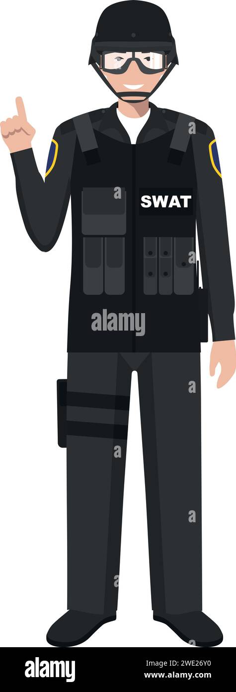 Standing SWAT Policeman Officer in Traditional Uniform Character Icon in Flat Style. Stock Vector