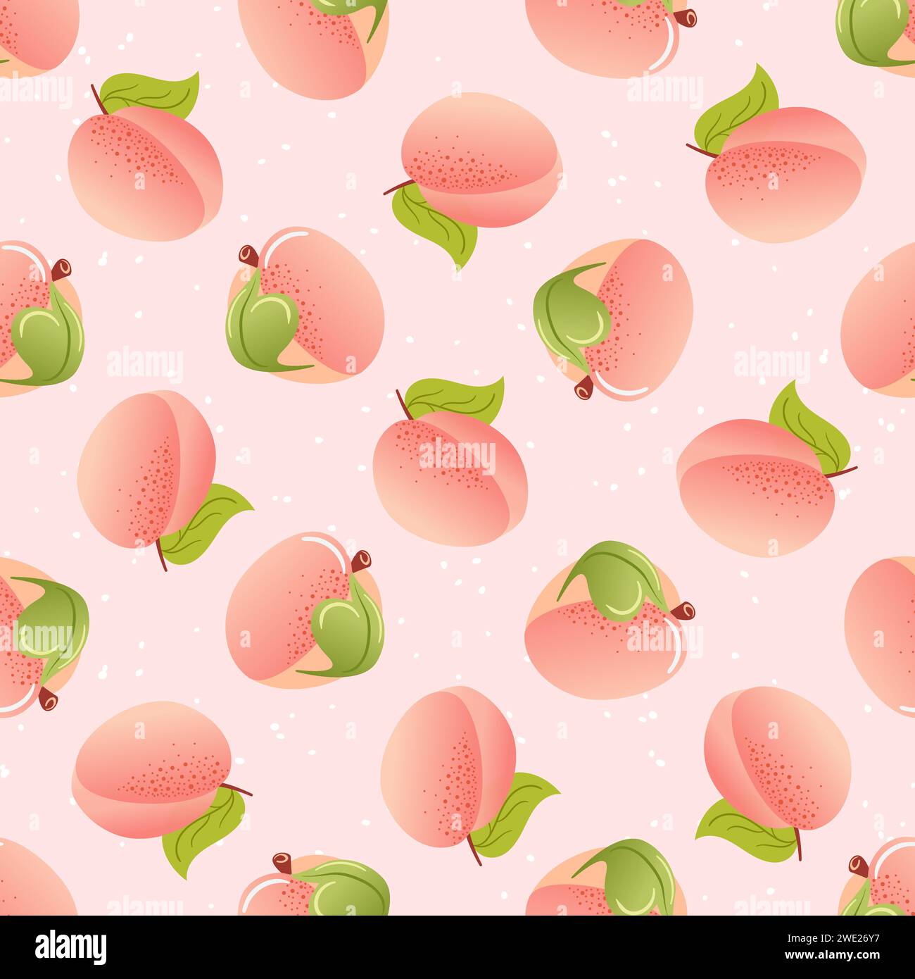 Peach Fuzz. summer seamless pattern in minimalistic style. Tropical exotic fruits, leaves. Healthy food. For menu, cafe, wallpaper, fabric background Stock Vector