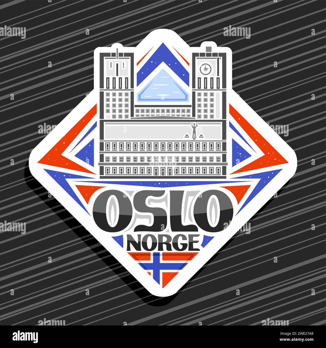 Vector logo for Oslo, white rhombus road sign with line illustration of famous oslo city hall on day sky background, decorative refrigerator magnet wi Stock Vector