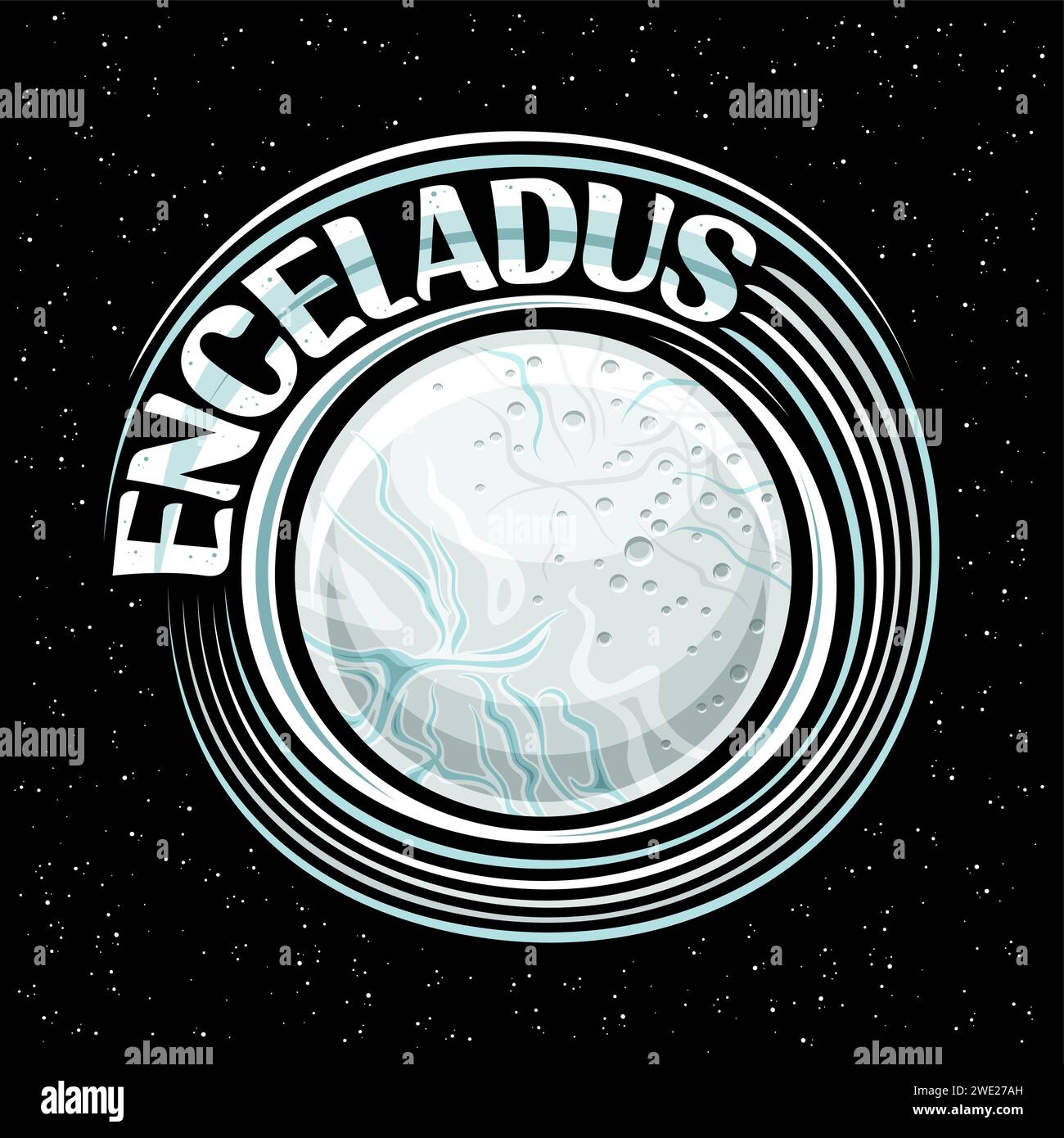 Vector logo for Enceladus Moon, decorative cosmo print with rotating satellite with craters on ice crust surface, space poster with unique brush lette Stock Vector