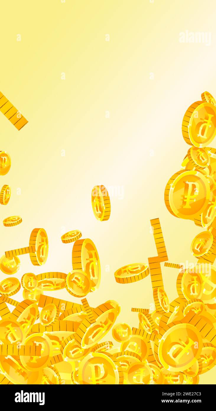 Russian ruble coins falling. Scattered gold RUB coins. Russia money ...