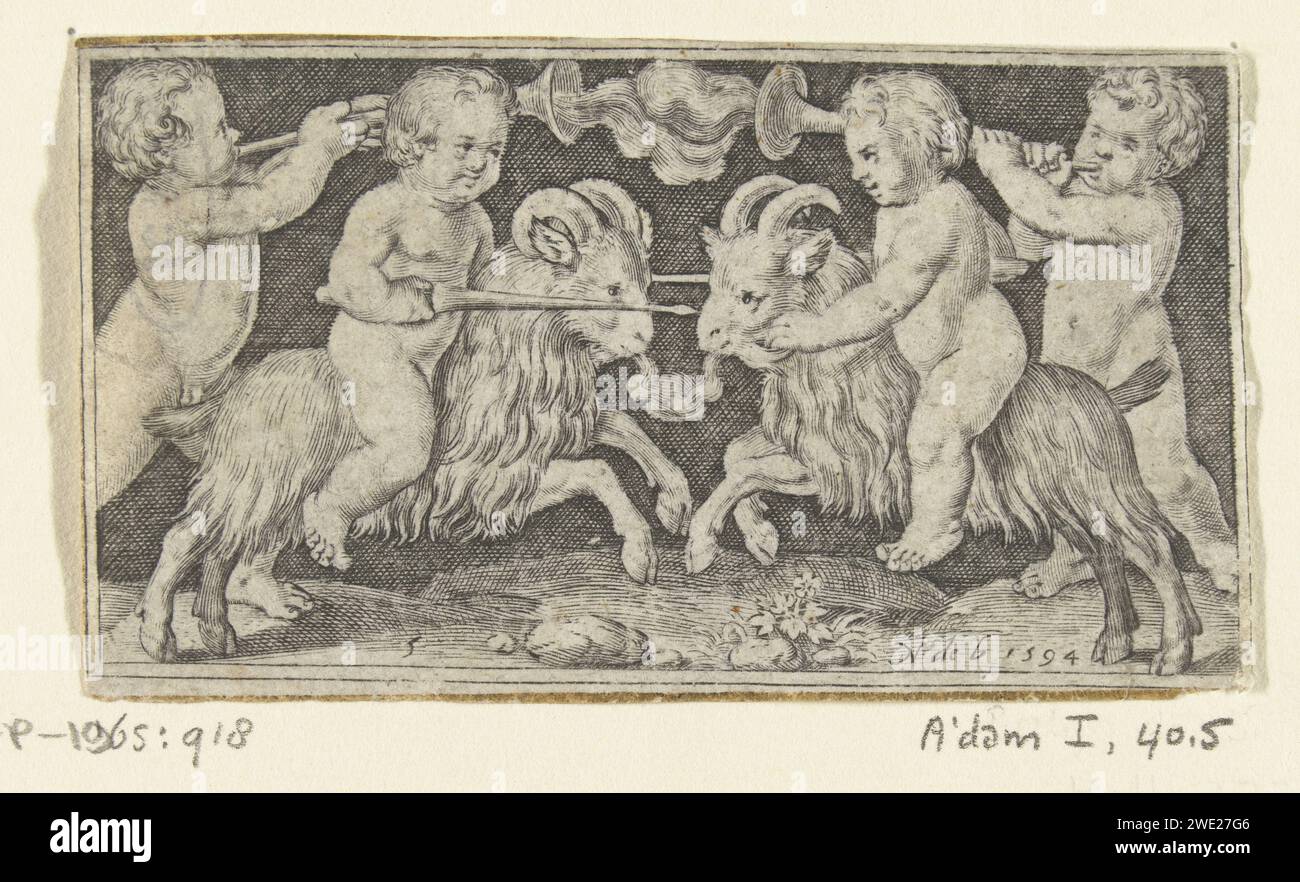 Frisian. Two fighting children, driving on goats, flanked by two children blowing on a trumpet, Nicolaes de Bruyn, 1594 print Leaf 5 of series of 6 numbered sheets. Shaded background. Netherlands (possibly) paper engraving Cupids: 'Amores', 'Amoretti', 'Putti'. goat Stock Photo