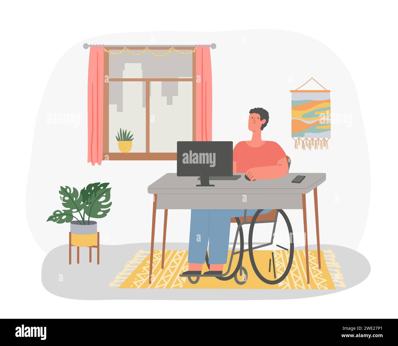 Disabled man in wheelchair working at computer in home. Freelance