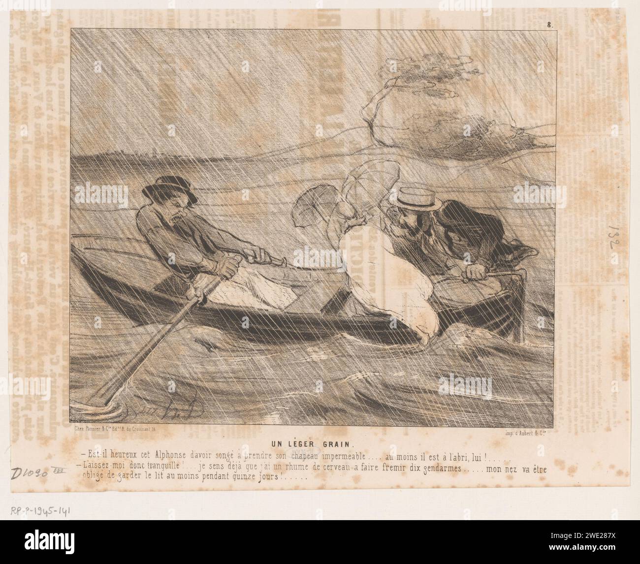 Early Human Rowing Raft Four people on a rowing boat in the rain, Honoré Daumier, 1843 Paris ...
