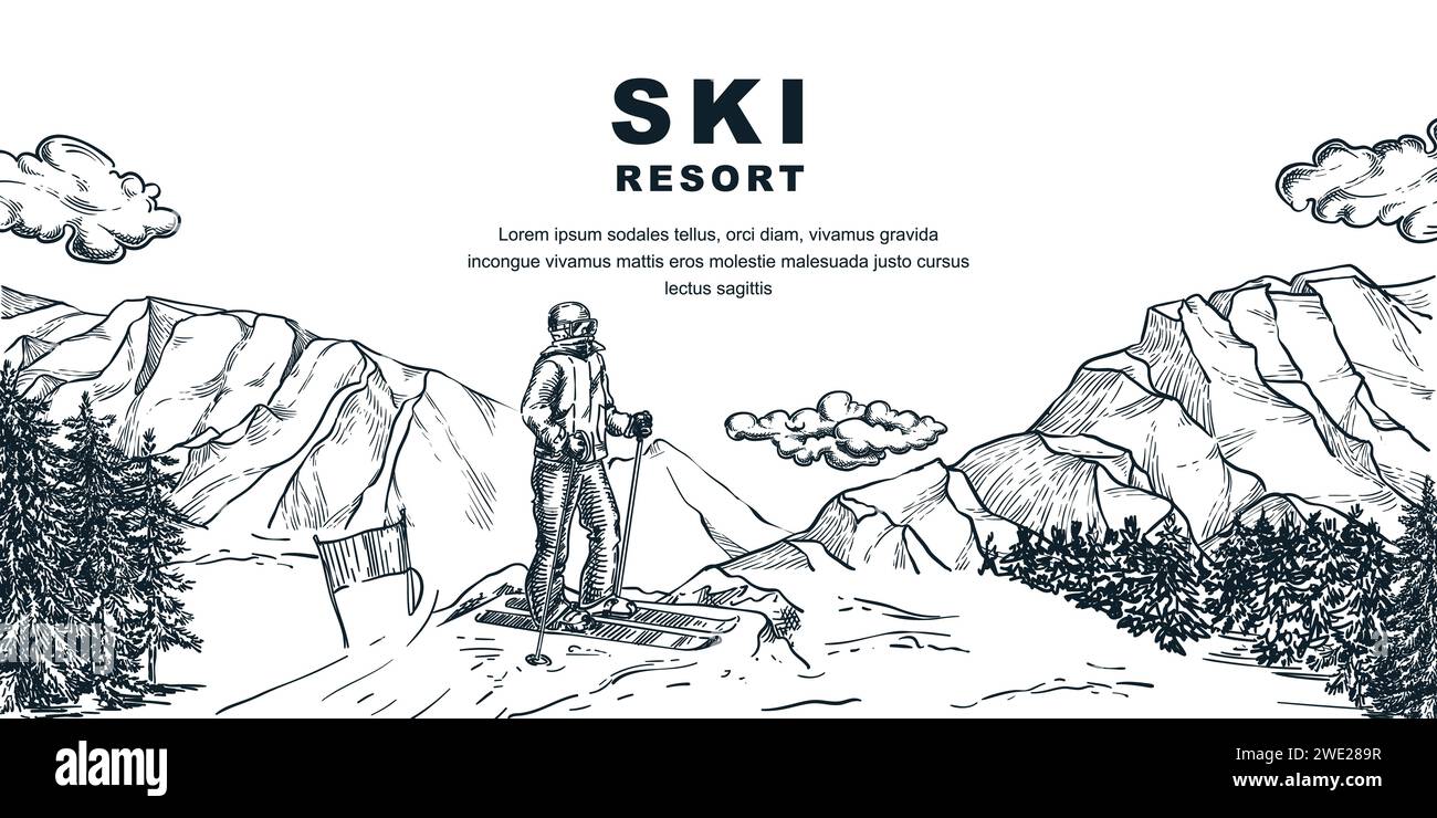 Ski resort horizontal banner design template. Skier on slope vector hand drawn sketch illustration. Winter travel poster background with mountain peak Stock Vector