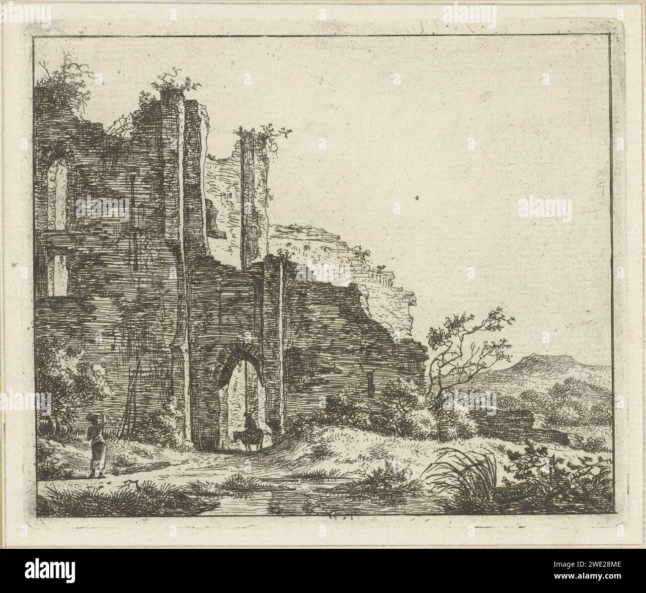 Landscape with Ruin, Hermanus Fock, 1781 - 1822 print A man sits on a ...