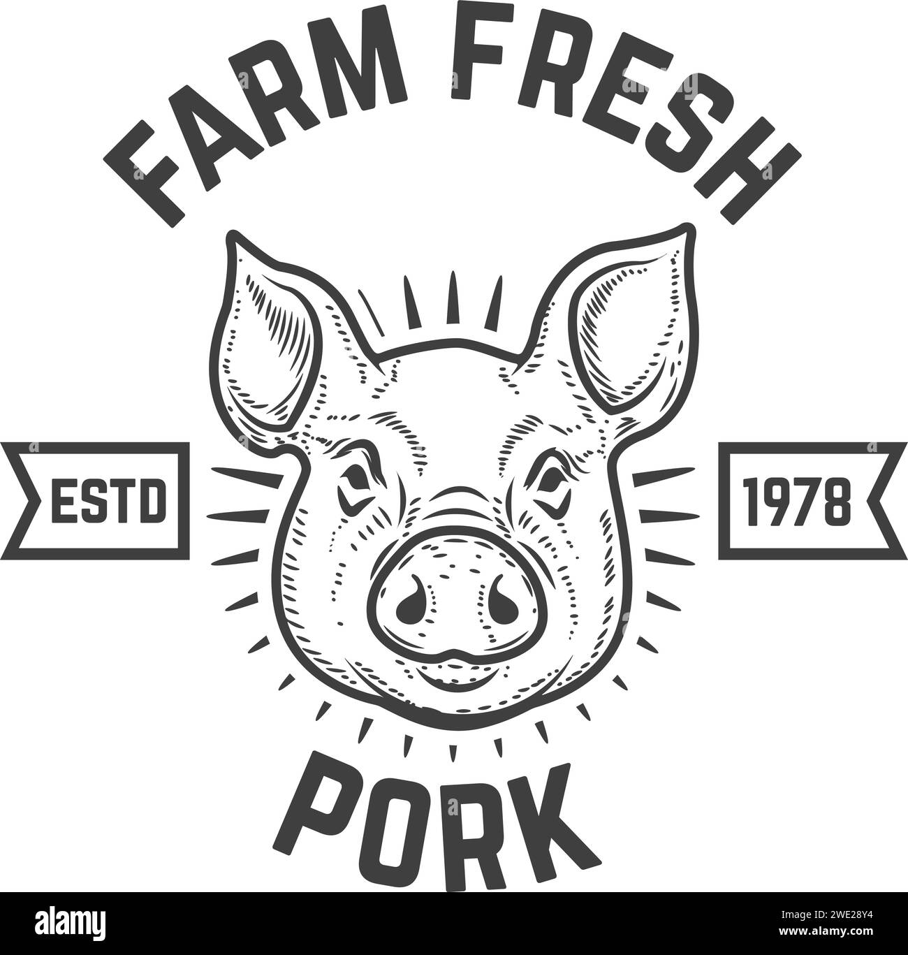 Farm fresh pork meat. Label template with pig meat Stock Vector