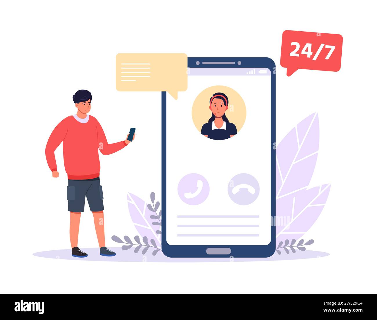 Online assistant. Cartoon man calling customer support for help. Woman in headset supporting client. Smartphone screen Stock Vector