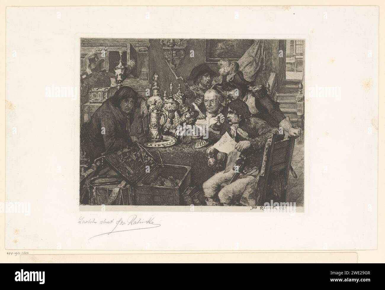 Six men in an interior viewing a table Richly Vaatwerk, Jos Ratinckx ...