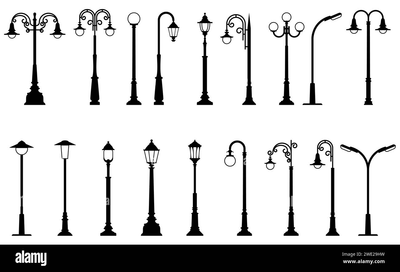 Vintage street light posts set, old street lamp posts, sidewalk lantern, vector Stock Vector