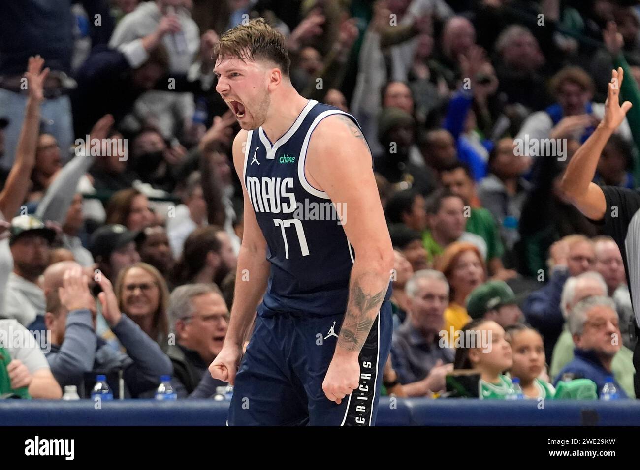 Dallas Mavericks guard Luka Doncic (77) reacts to a play during the ...