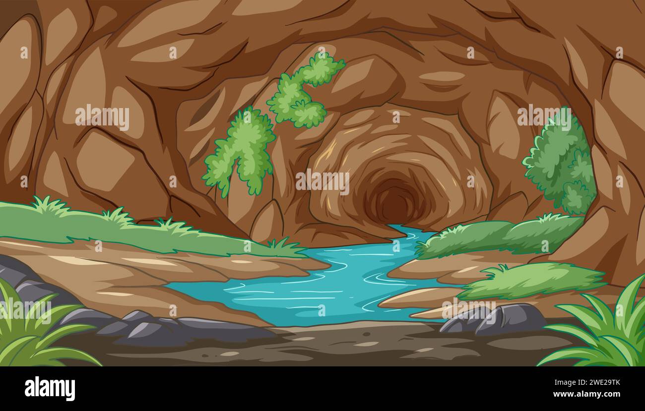 A tranquil stream winds through a rocky cave. Stock Vector