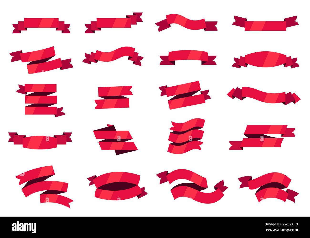 Cartoon red banner ribbons. Empty curved border ribbons for badge and sign, abstract decorative