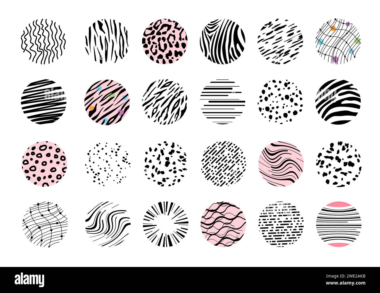 Big Set of Hand drawn doodle circle animal skin. round Abstract black Patterns. Stock Vector
