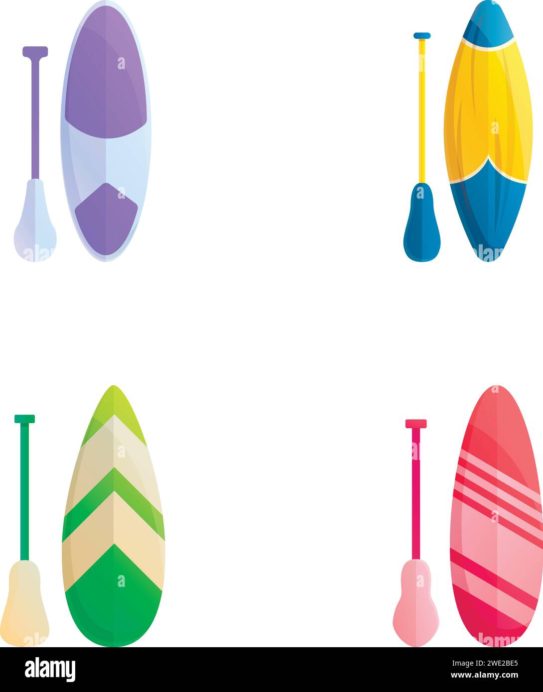 Sup surfing icons set cartoon vector. Various inflatable sup board with paddle. Beach watersport Stock Vector