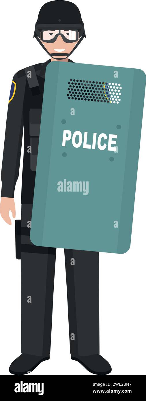 Standing SWAT Policeman Officer with Metal Protective Shield in Traditional Uniform Character Icon in Flat Style. Stock Vector