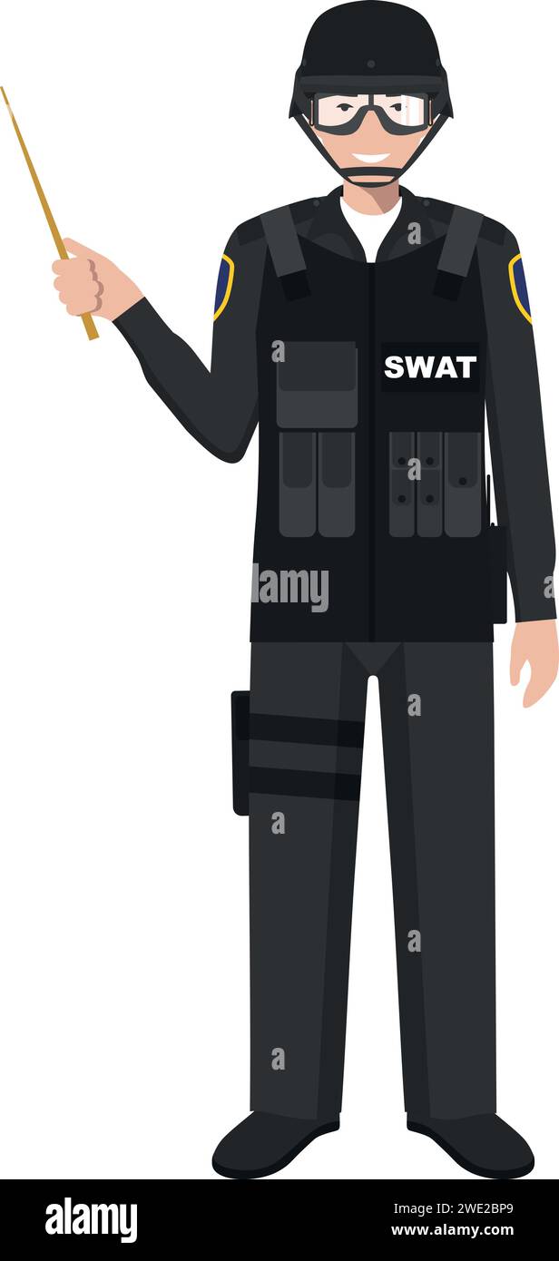 Standing SWAT Policeman Officer with Wooden Pointer Stick in Traditional Uniform Character Icon in Flat Style. Stock Vector