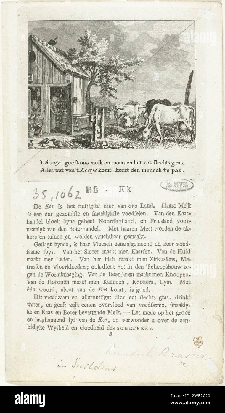 Cows at a barn, 1781 print Illustration for the letter K in the 'Vaderlandsch A-B book, for the Dutch youth' by J.H. Swilden. Cows are in the pasture near a shed. A man is milking. The milk is processed in the barn. A woman is churning, the other kneads butter. Cheeses are on the table in front of the barn. Under the image a two -way verse. Under the letter a description of the concept. print maker: Northern Netherlandspublisher: Amsterdam paper etching cow. butter. cheese Stock Photo