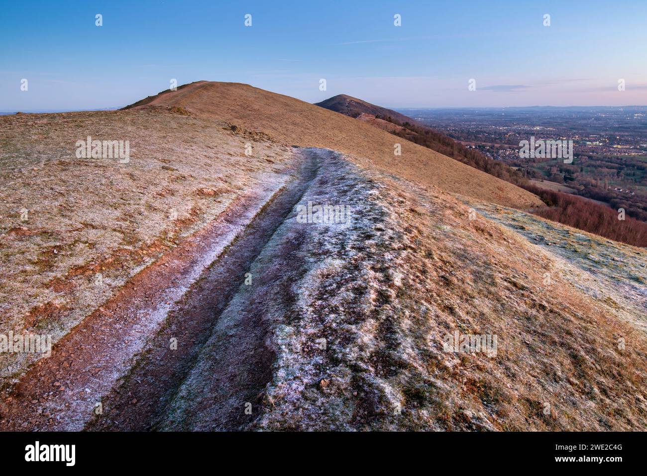 From Pinnacle Hill at sunrise in the frost. Malvern hills, Worcestershire, England Stock Photo