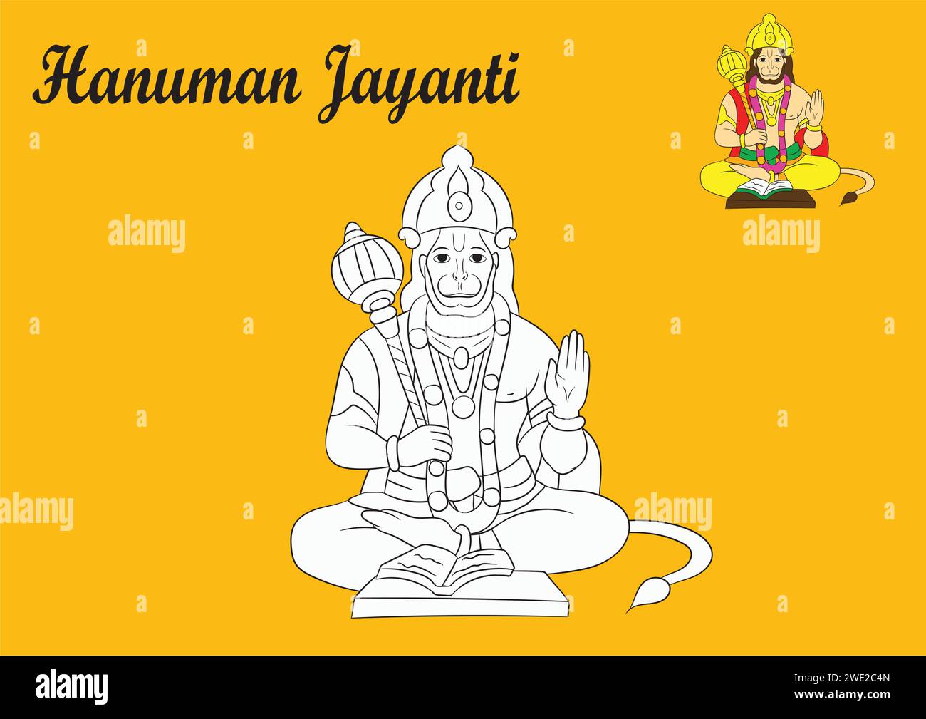 Happy hanuman jayanti traditional hindu festival with sketch for coloring page for kids Stock Vector