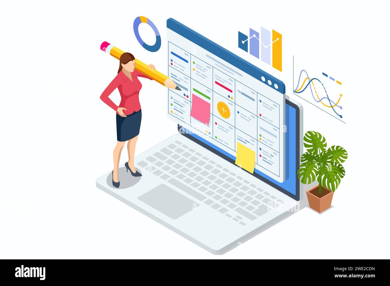 Isometric Project manager updating tasks and milestones progress